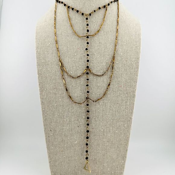 Multi Strand Layered Y-Drop Web Festoon Necklace Black Beads Gold Tone Chain - Picture 1 of 13